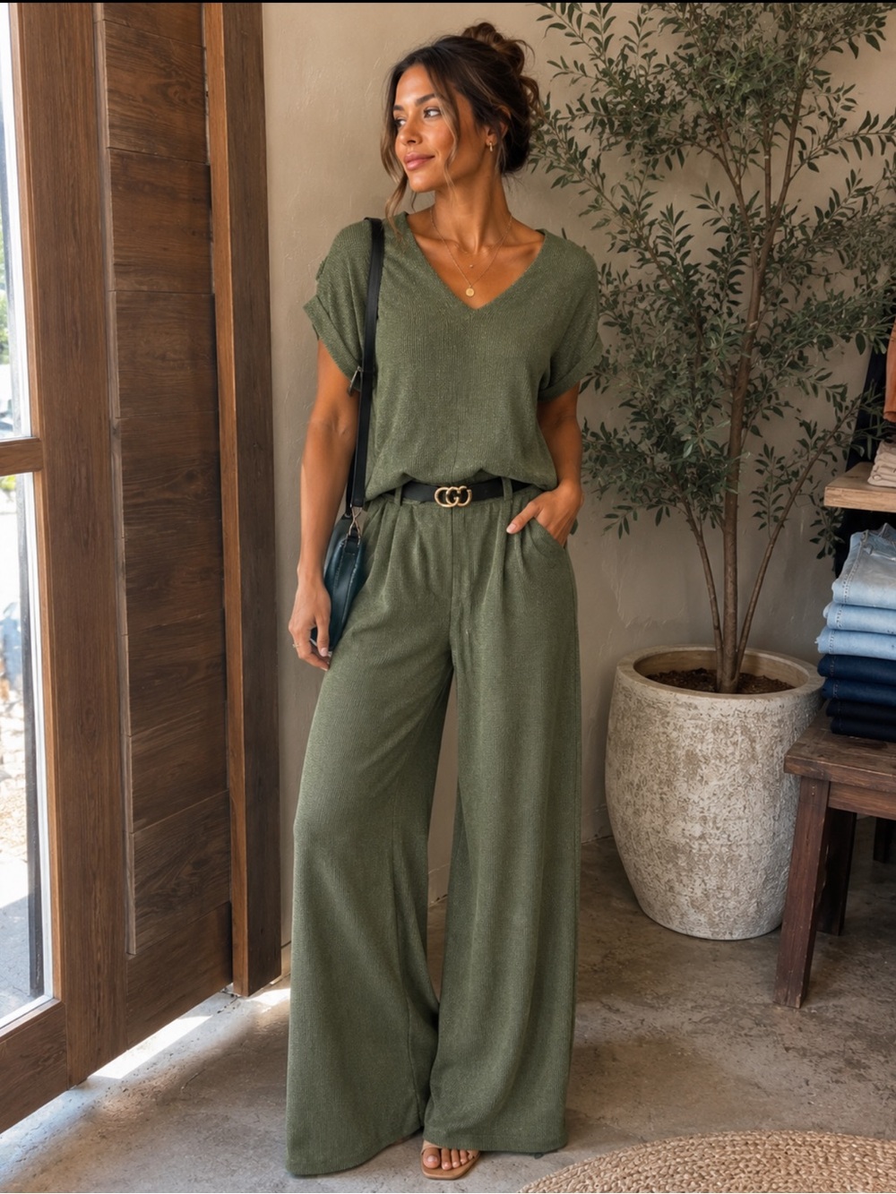 MADE IN ITALY Elegant olive  Wide-Leg Pants